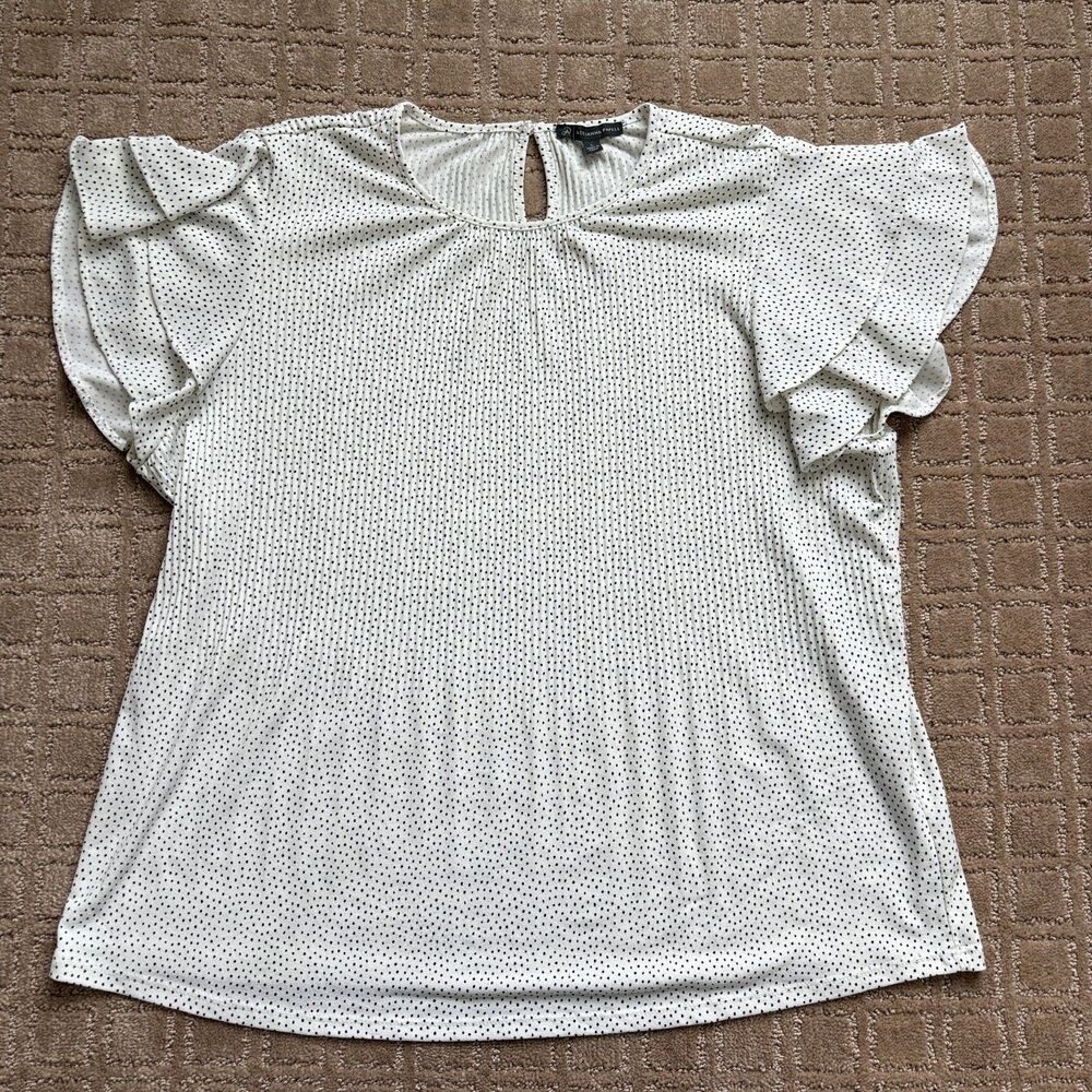 Adrianna Papell Pleated Knit Flutter Sleeve Polka Dots Top Large White Stretch